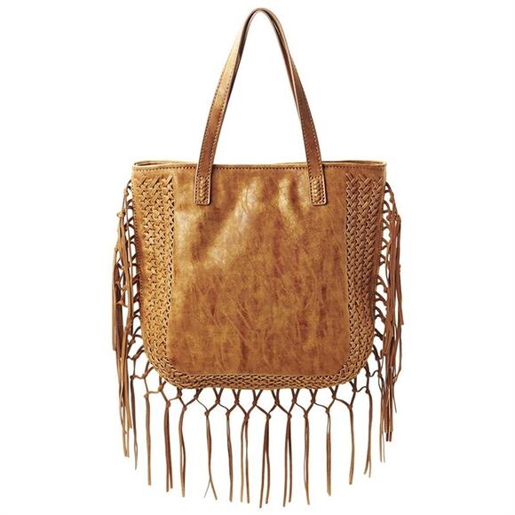 Steve Madden Shay Fax Leather Fringe Trim Large Tan Bucket Tote NWT MSRP $95 - Picture 4 of 8